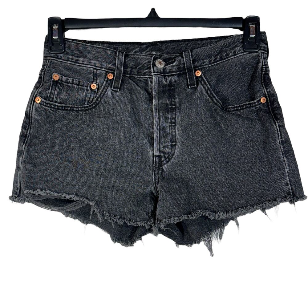Levi’s 501 SZ W27 Jean Shorts Button-Fly Mid-Rise Frayed Hems Pockets Black Wash